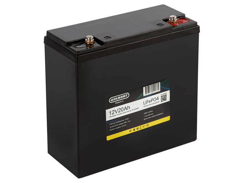 Литиевый тяговый аккумулятор Gelbert LiFePO4 (12V/20Ah/20A/240Wh) [6-DZF-20, 6-DZM-20]